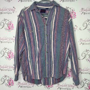 Deluxe jeanswear button down shirt Aztec vintage boho print distressed western